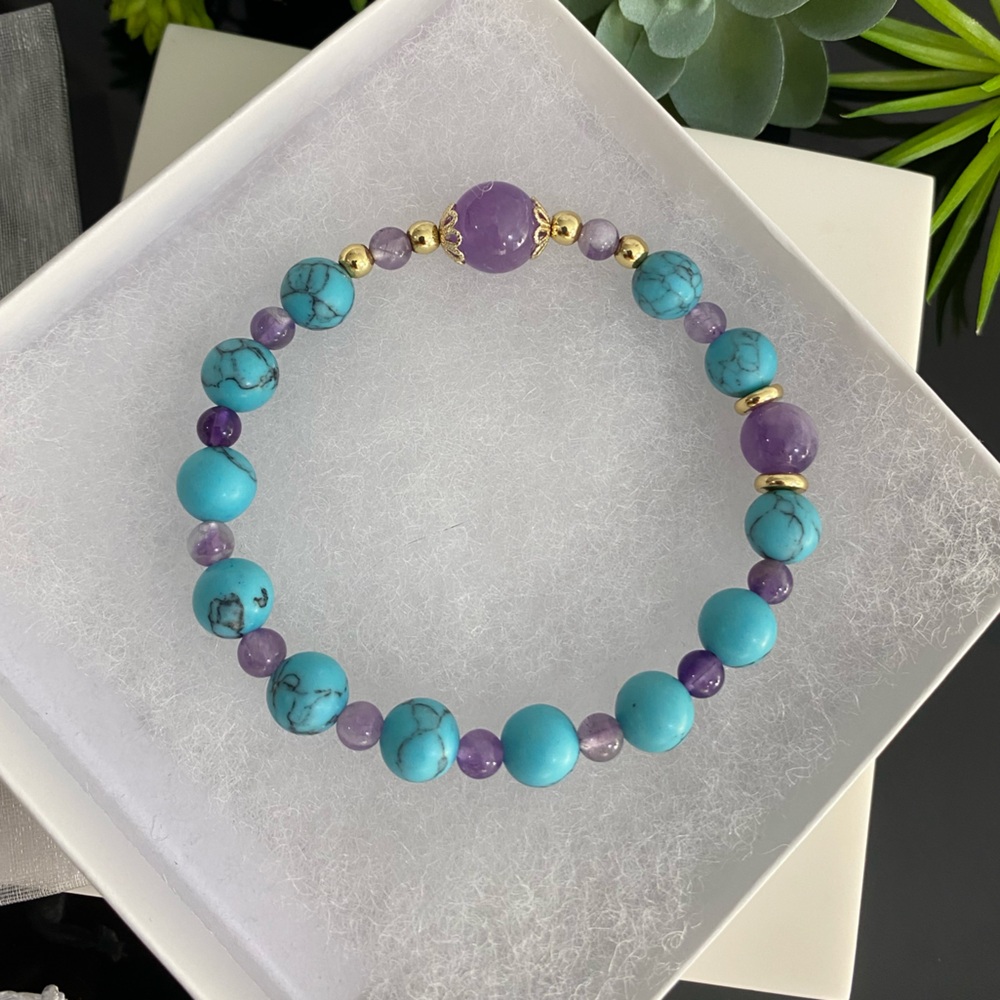 Turquoise and Amethyst Beaded Bracelet with Gold Filled Beads